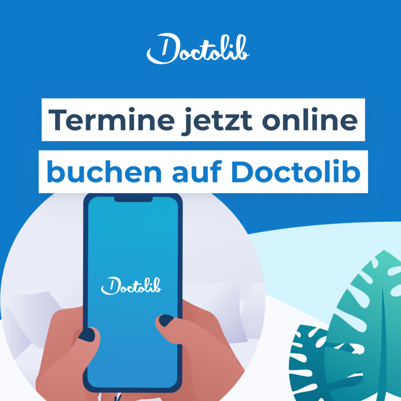 Das Bild zeigt eine Illustration für Doctolib. In der Mitte ist eine Große Schrift die sagt "Termine jetzt online buchen auf Doctolib"